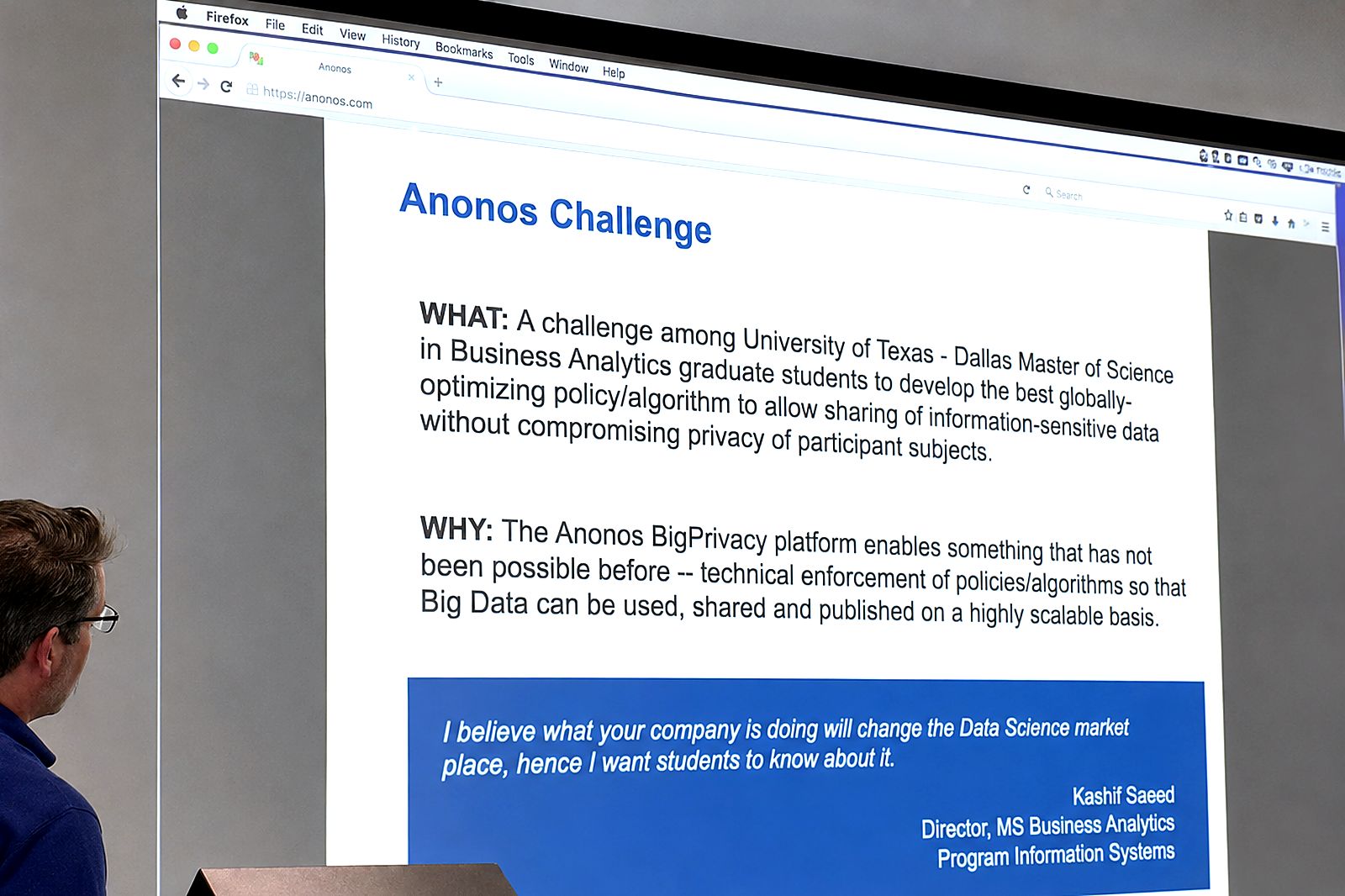 Photo of an Anonos Challenge presentation slide projected in a University of Texas at Dallas classroom.