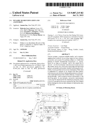 Patent US 9,087,215 (2015) - DYNAMIC DE-IDENTIFICATION AND ANONYMITY