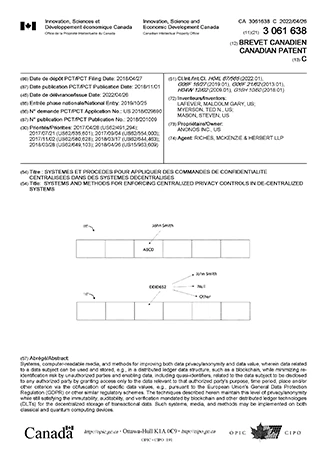 Patent CA 3,061,638 (2022) – SYSTEMS AND METHODS FOR ENFORCING CENTRALIZED PRIVACY CONTROLS IN DE-CENTRALIZED SYSTEMS